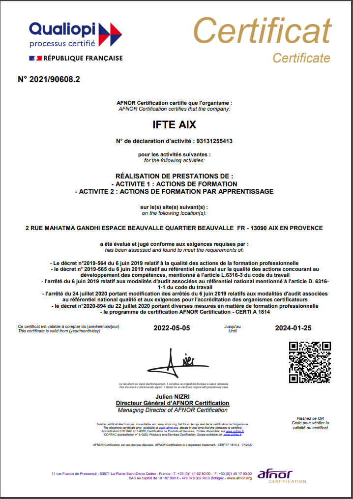 Certificat Qualiopi Aix en Provence de l'IFTE SUD